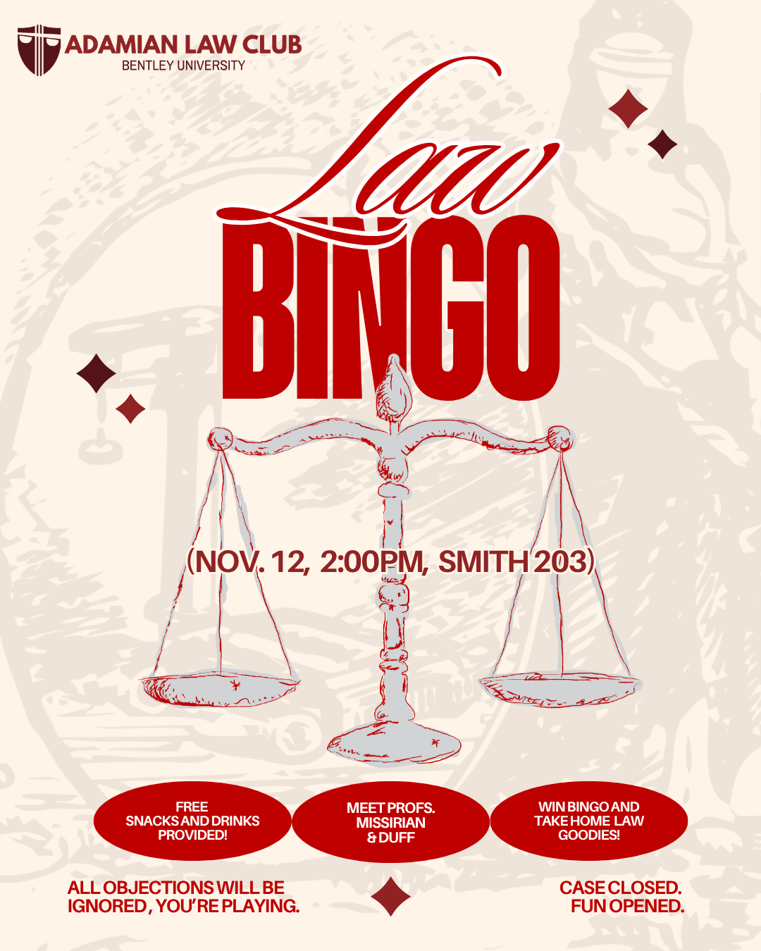 Adamian Law Club Law Bingo student event flyer