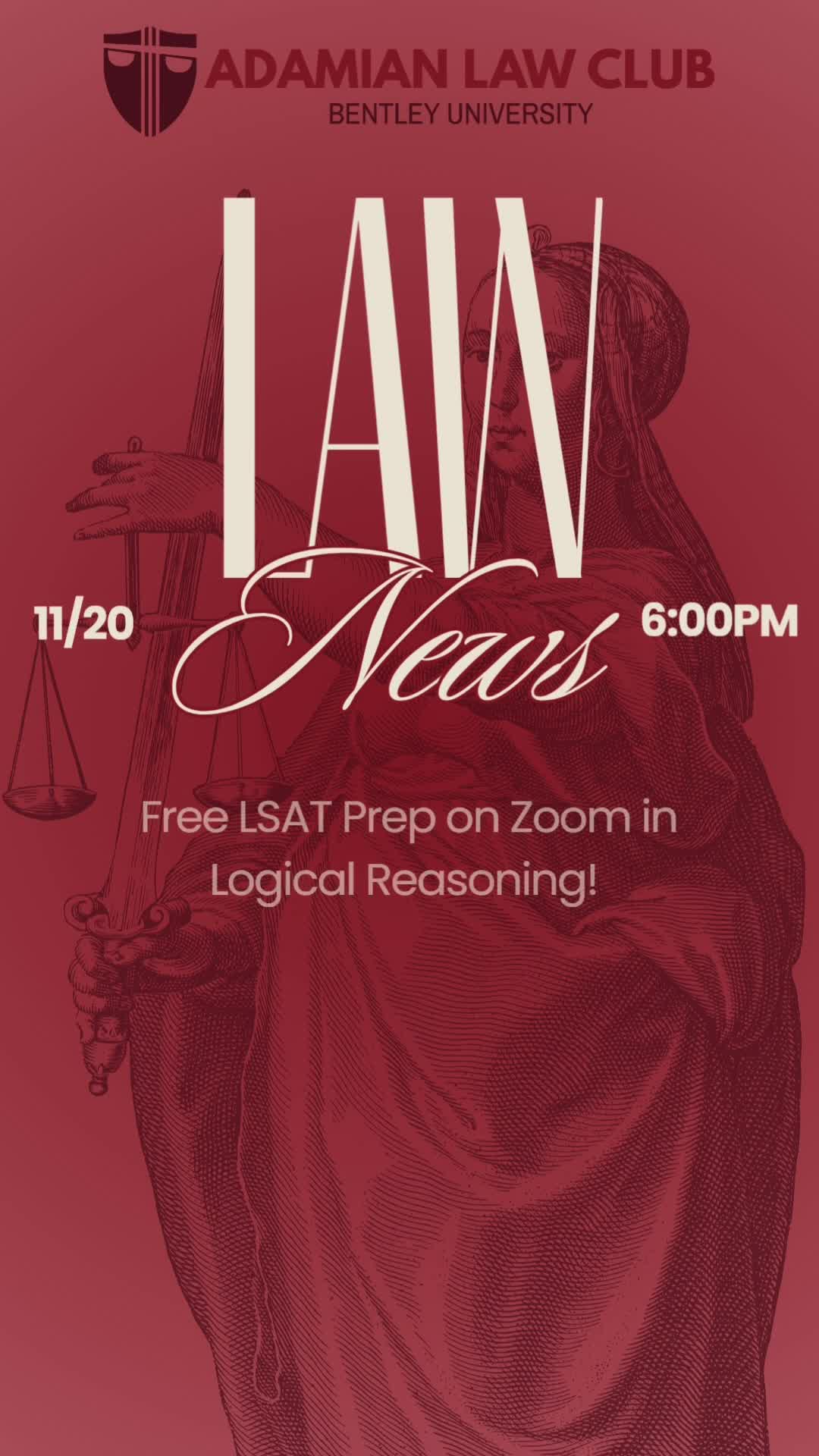 Adamian Law Club LSAT preparation event flyer in a burgundy palette