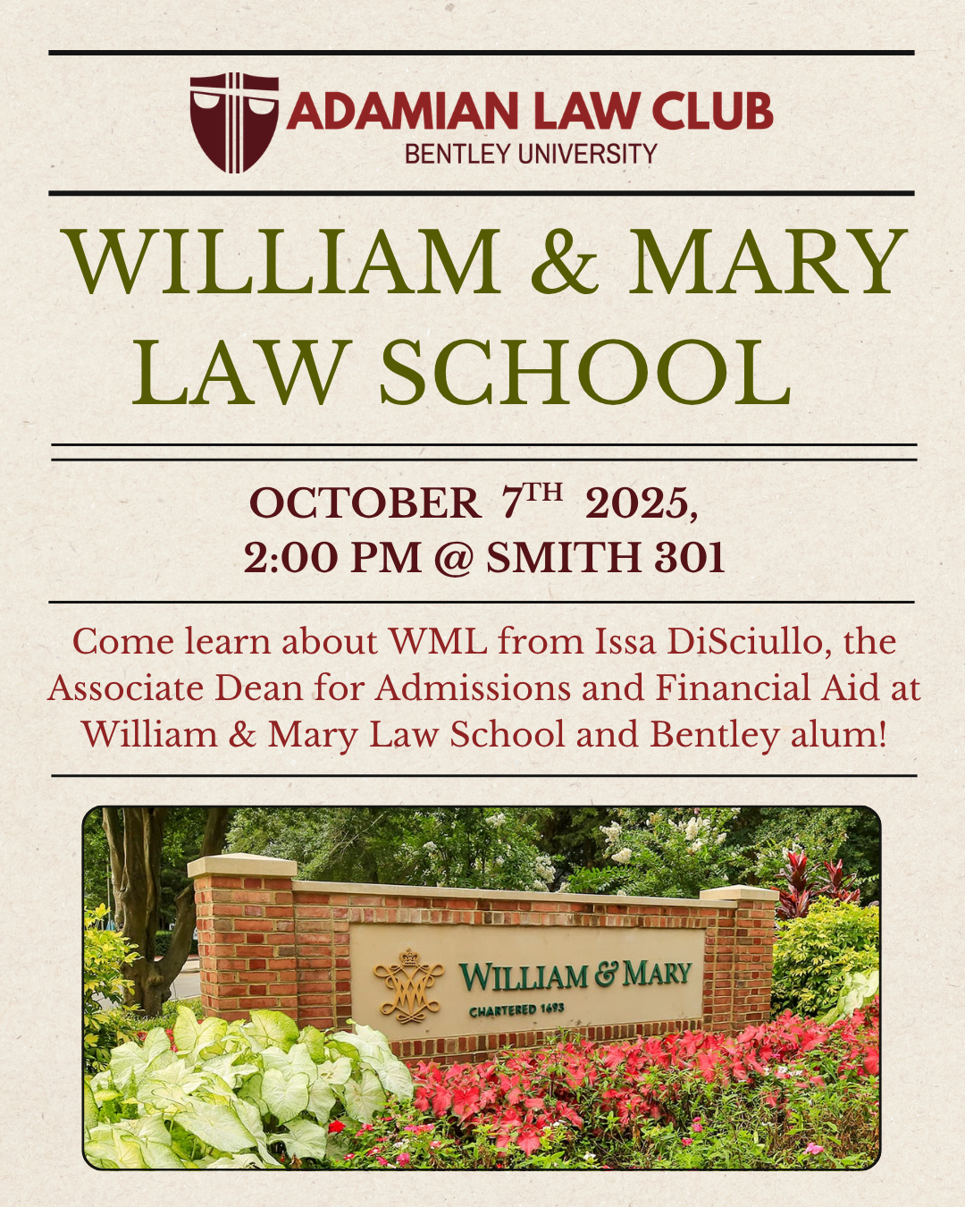 Adamian Law Club William and Mary Law School admissions event flyer