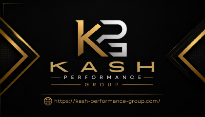 Back of the KASH Performance Group business card featuring the brand mark and website
