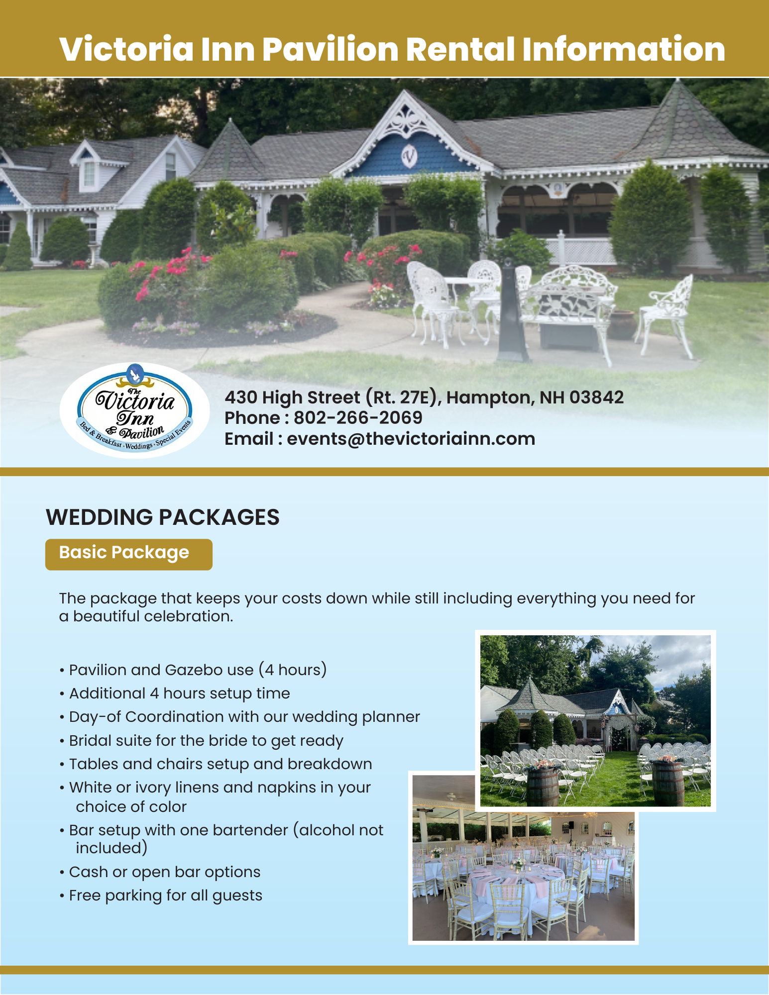First page of the Victoria Inn Pavilion Rental Information brochure