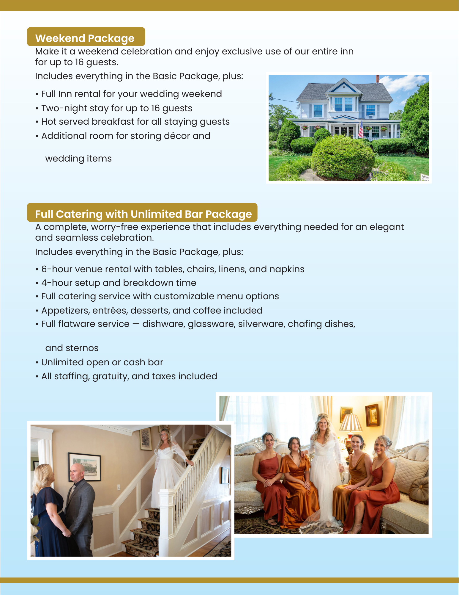 Second brochure page detailing weekend and full catering wedding packages