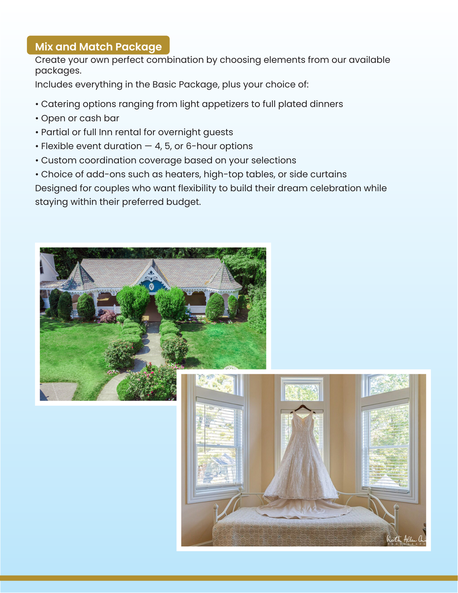 Third brochure page detailing the mix and match package with Victoria Inn venue photography