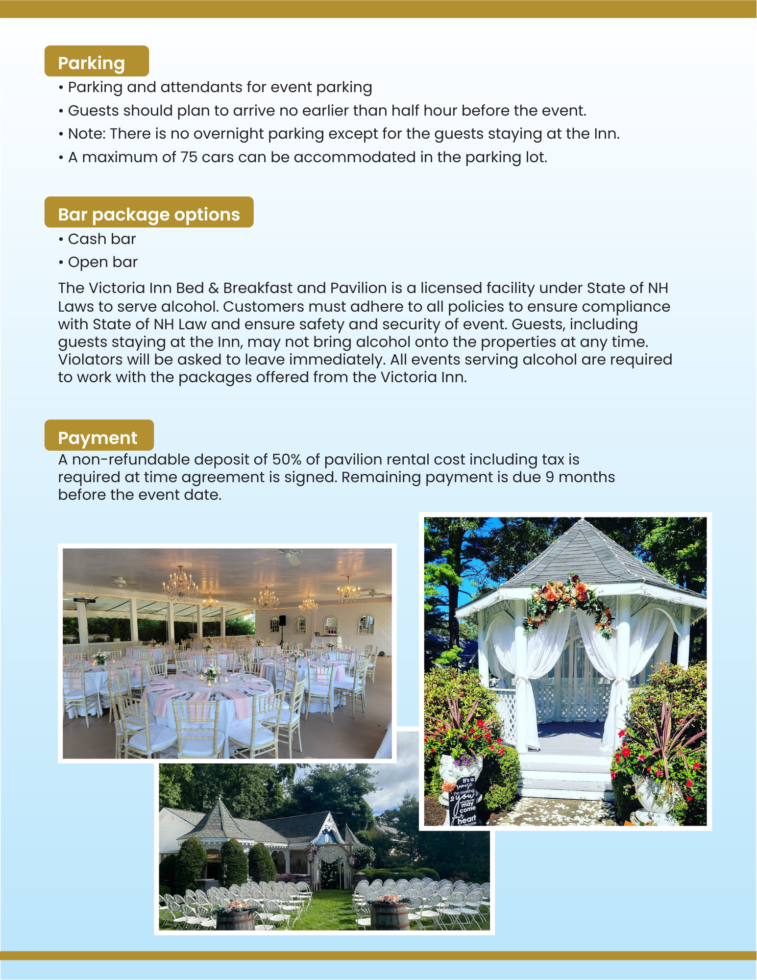 Fourth brochure page with parking, bar package and payment information